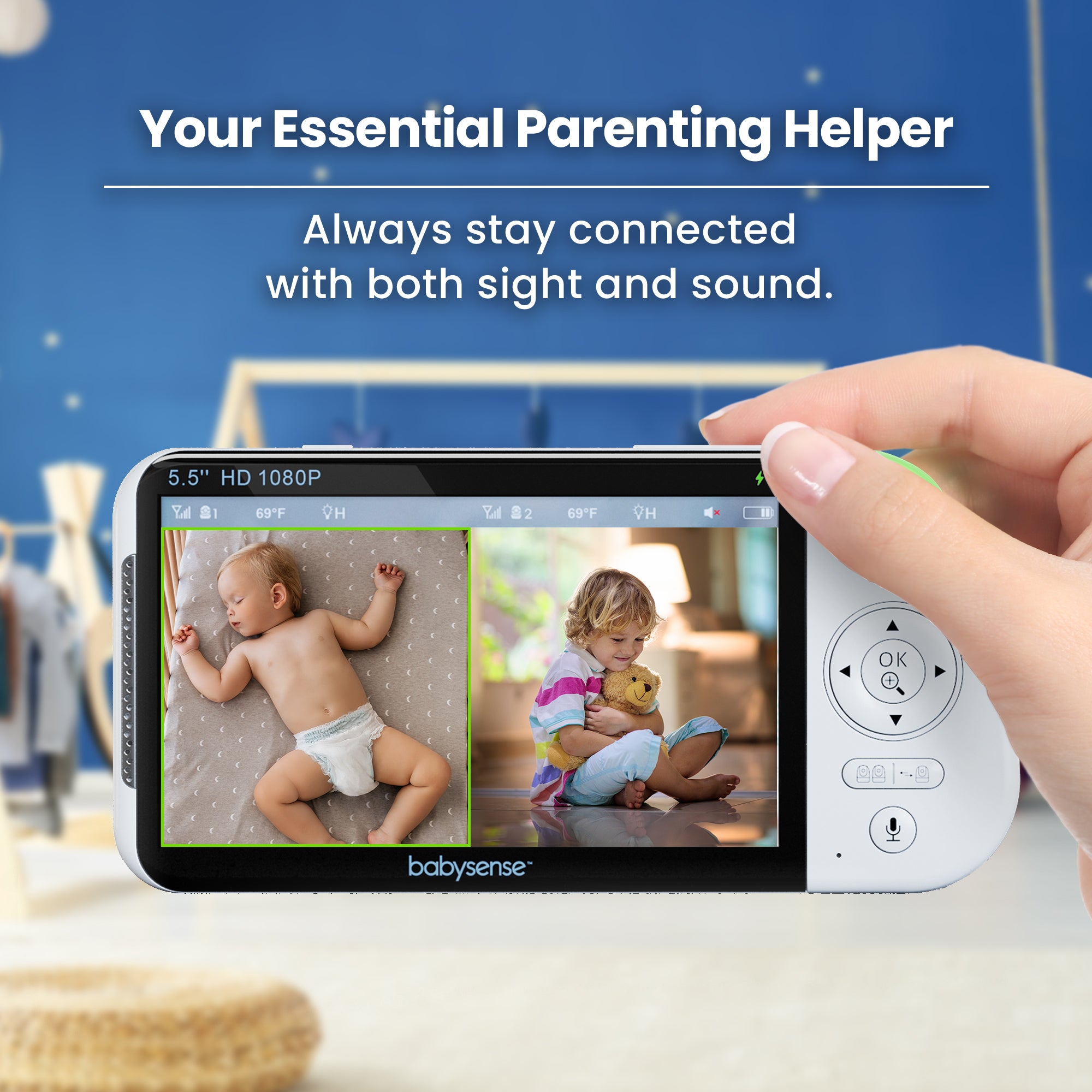 Babysense Max View Pro: Video Baby Monitor with 2 cameras, Non Wifi, Split Screen, Night Light & Sound Machine