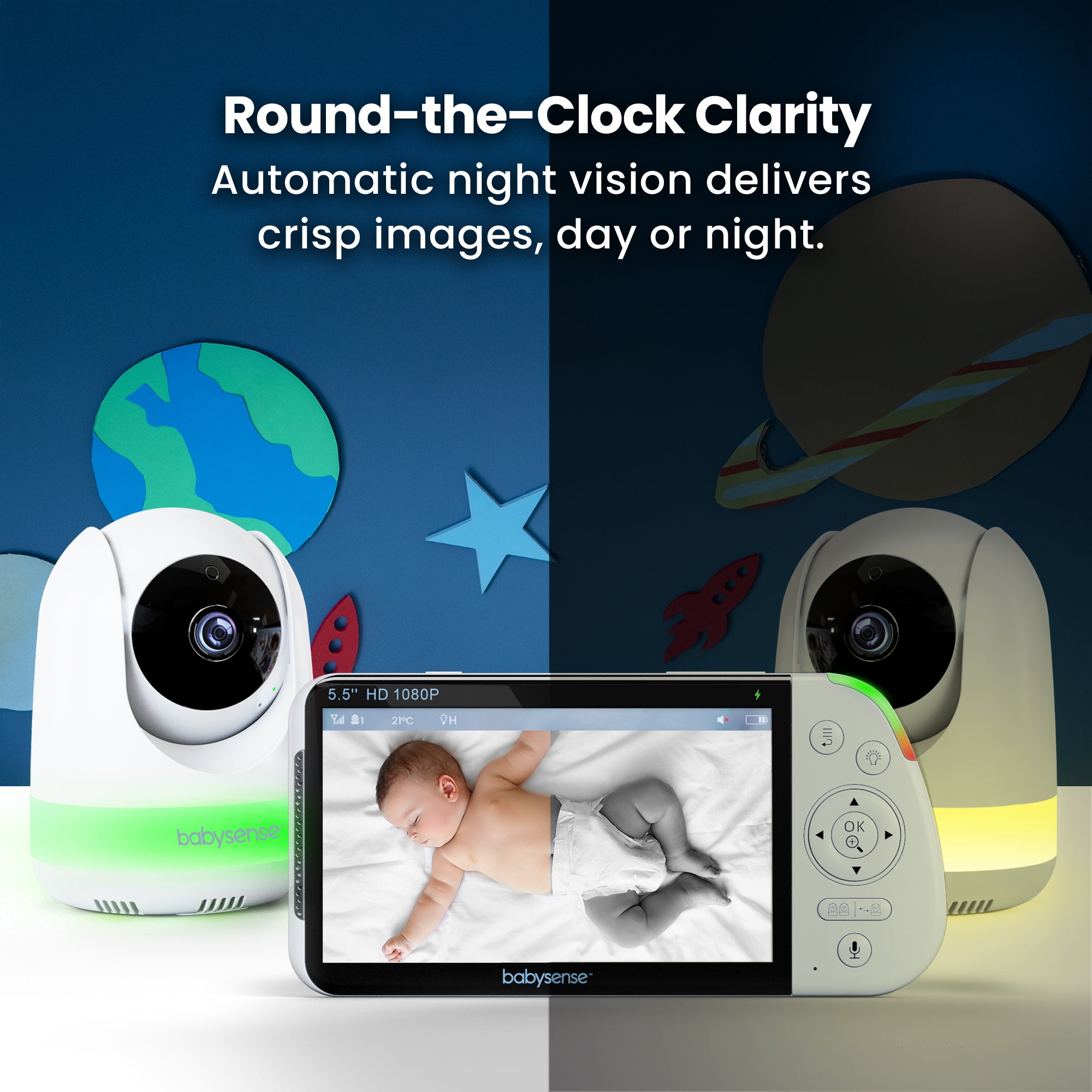 Babysense Max View Pro: Video Baby Monitor with 2 cameras, Non Wifi, Split Screen, Night Light & Sound Machine