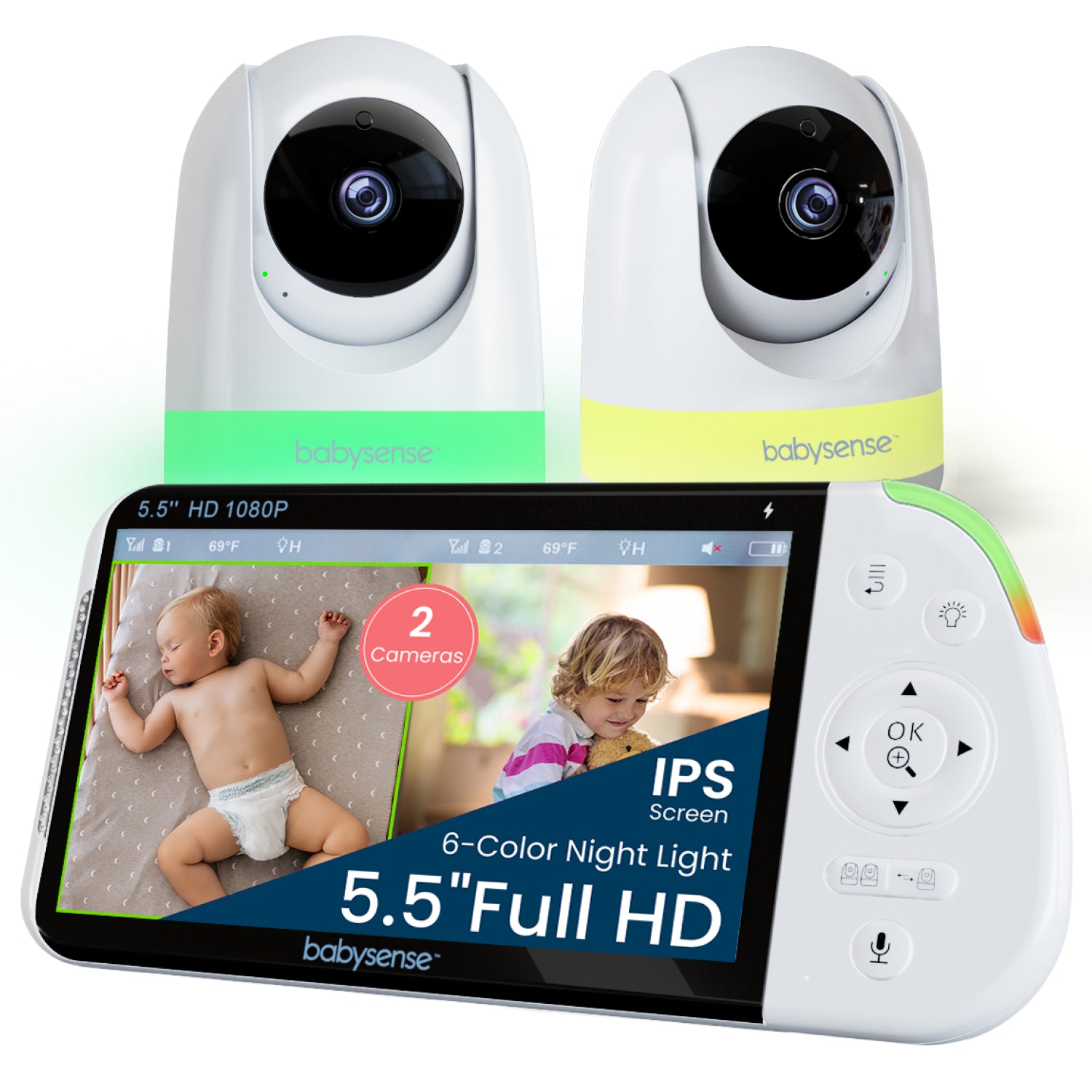 Babysense Max View Pro: Video Baby Monitor with 2 cameras, Non Wifi, Split Screen, Night Light & Sound Machine