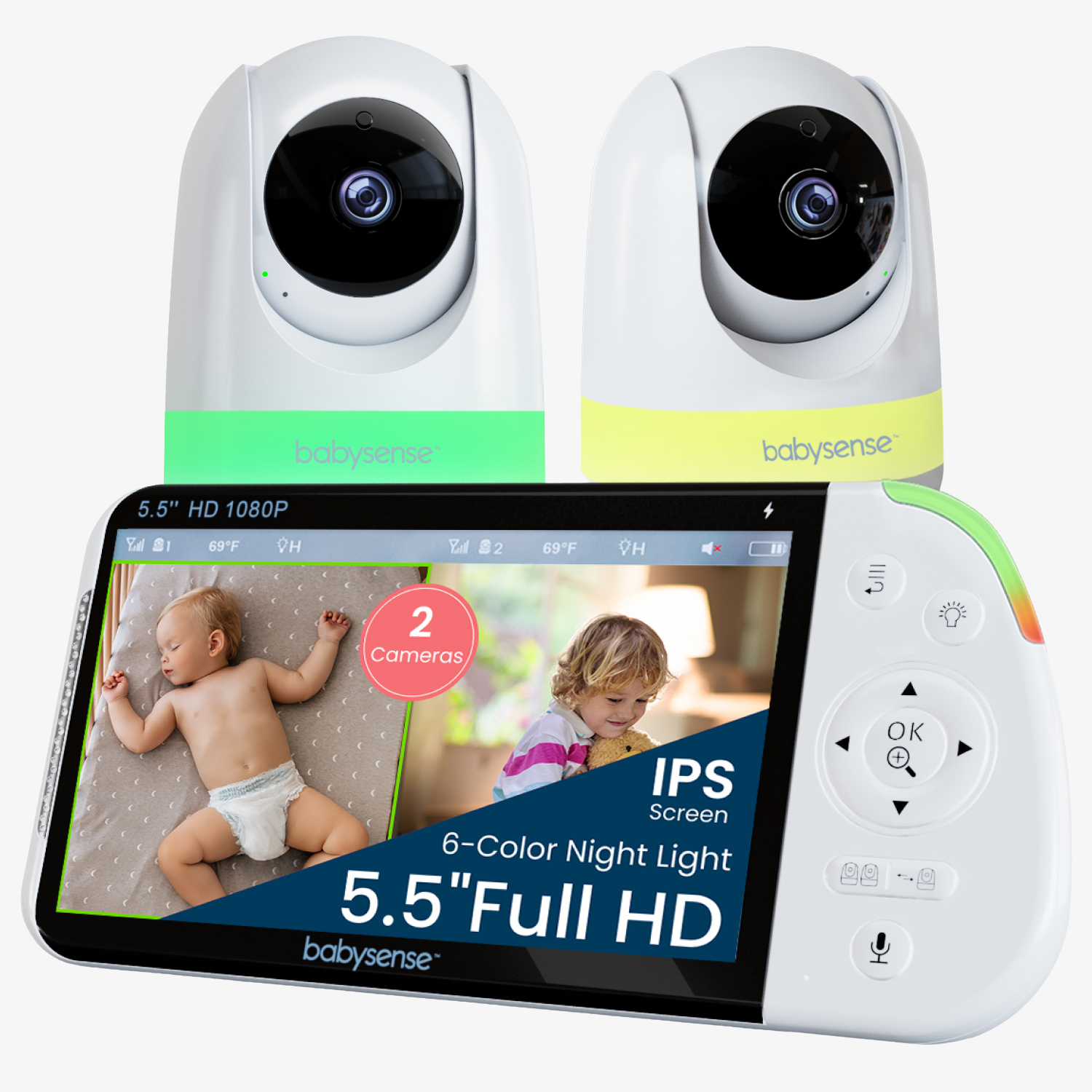 Babysense MaxView PRO: Video Baby Monitor with 2 Cameras, Non Wifi, Split Screen, Night Light & Sound Machine