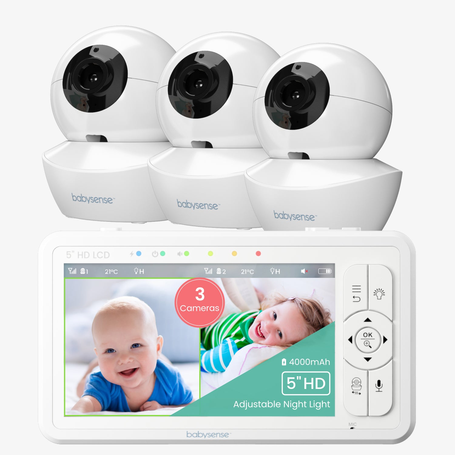 Babysense HD S2: Video Baby Monitor with 3 Cameras, Non Wifi, Split Screen & Night Light Machine