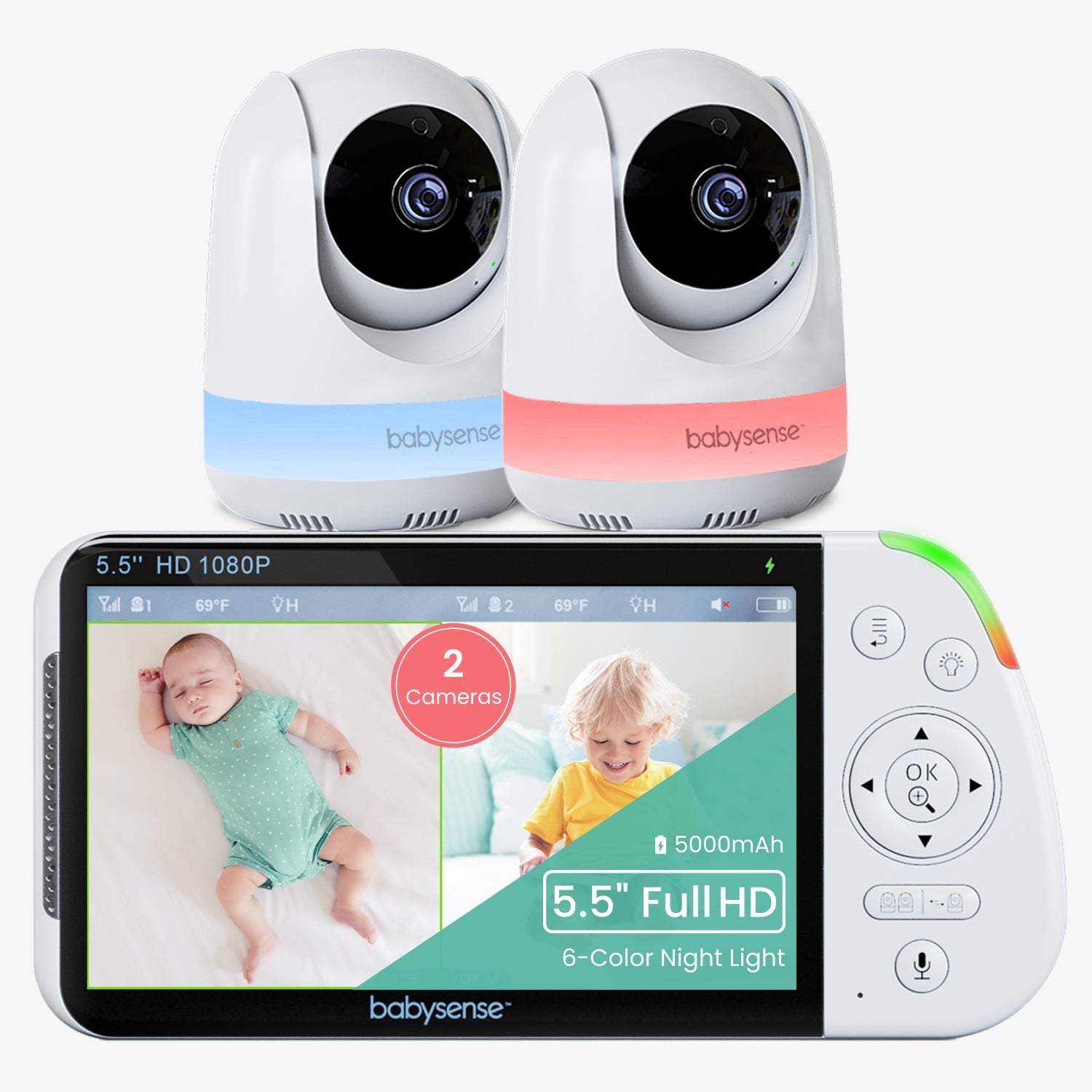 Babysense Max View: Video Baby Monitor with 2 cameras, Non Wifi, Split Screen, Night Light & Sound Machine