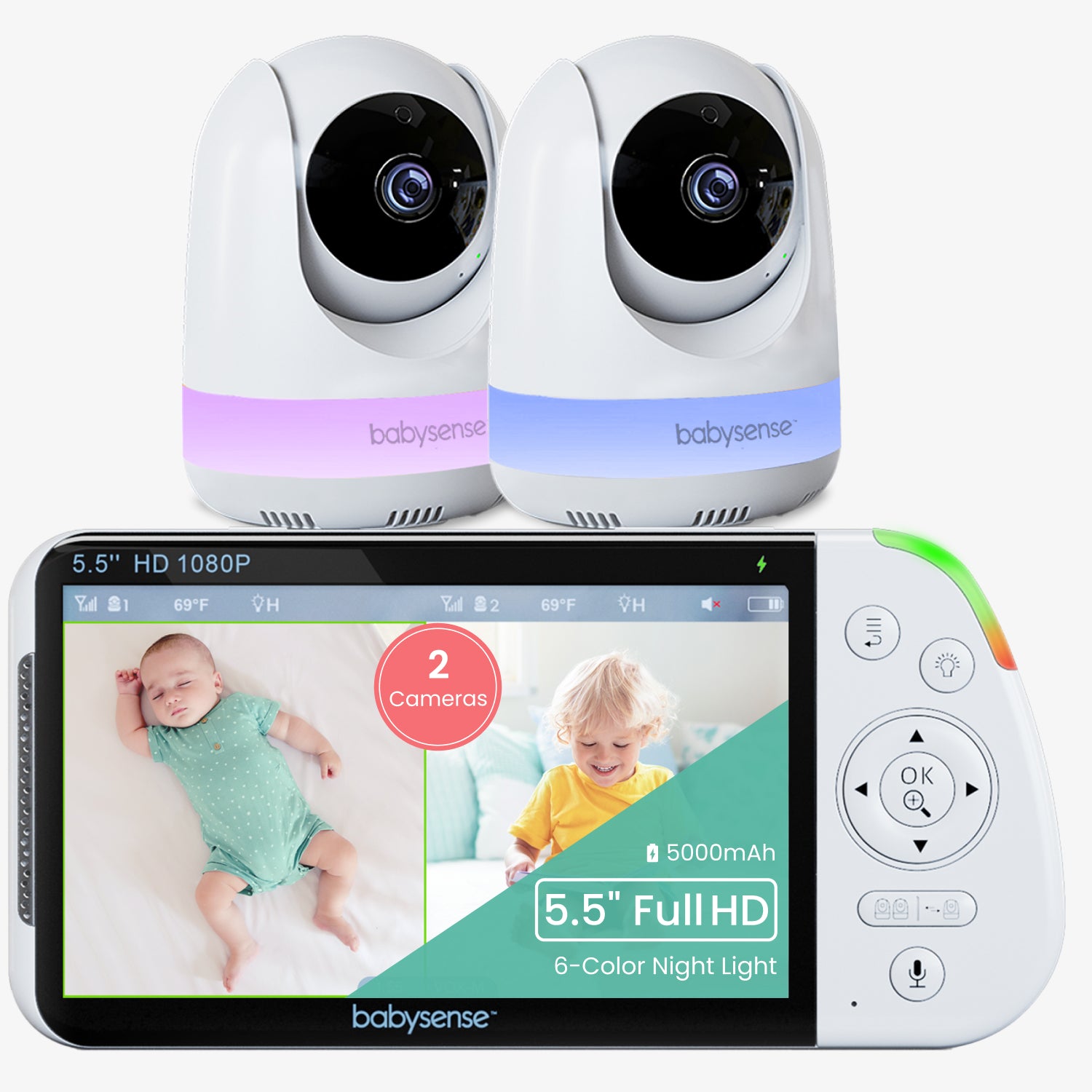 Babysense Max View: Video Baby Monitor with 2 cameras, Non Wifi, Split Screen, Night Light & Sound Machine