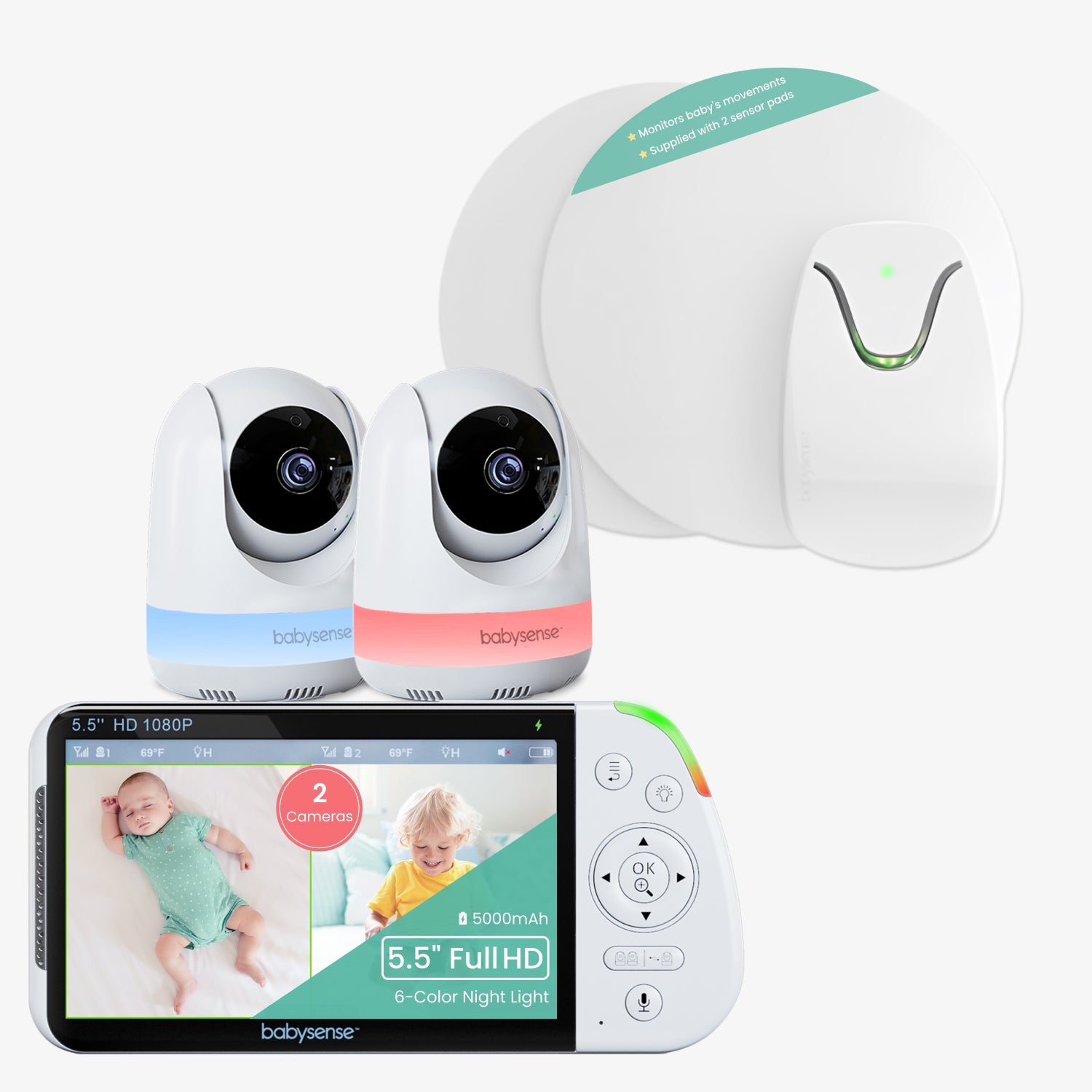 Babysense 2-in-1 Monitoring Set: Video Baby Monitor with 2 Cameras, Split Screen, Night Light & Sound Machine + Baby Monitor with Real Time No Breathing & Irregularity Alerts for Safe Sleep