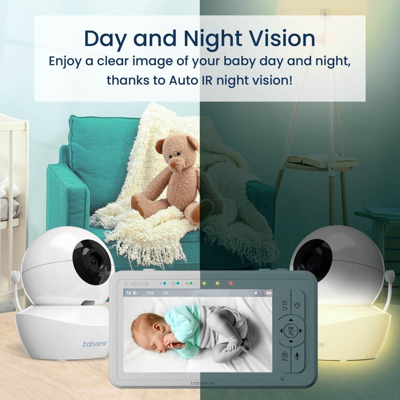 Babysense HD S2: Video Baby Monitor with 3 Cameras, Non Wifi, Split Screen & Night Light Machine